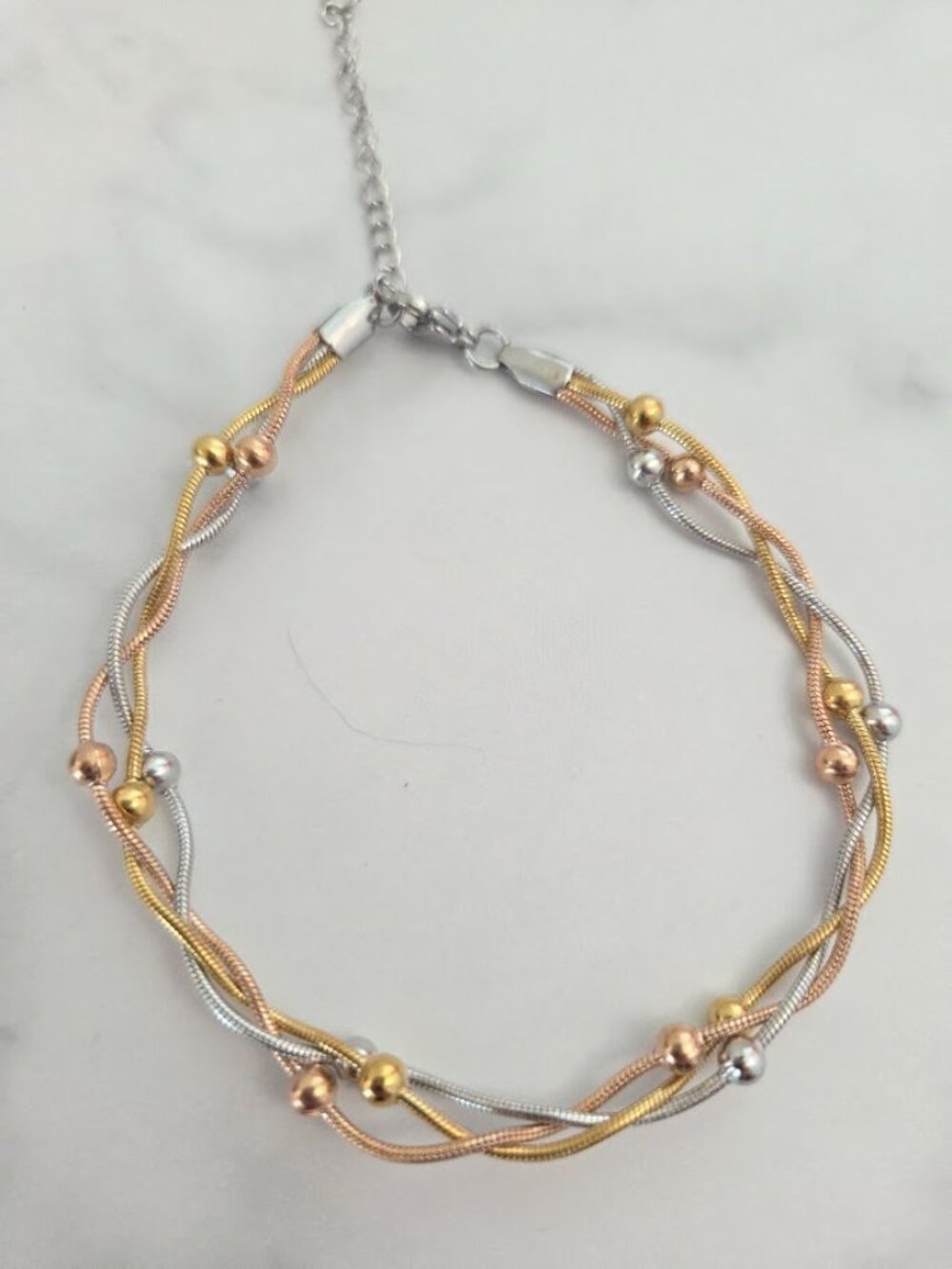 Tri-Tone Beaded Snake Chain Anklet Braided Gold Rose Gold Silver - Picture 9 of 12